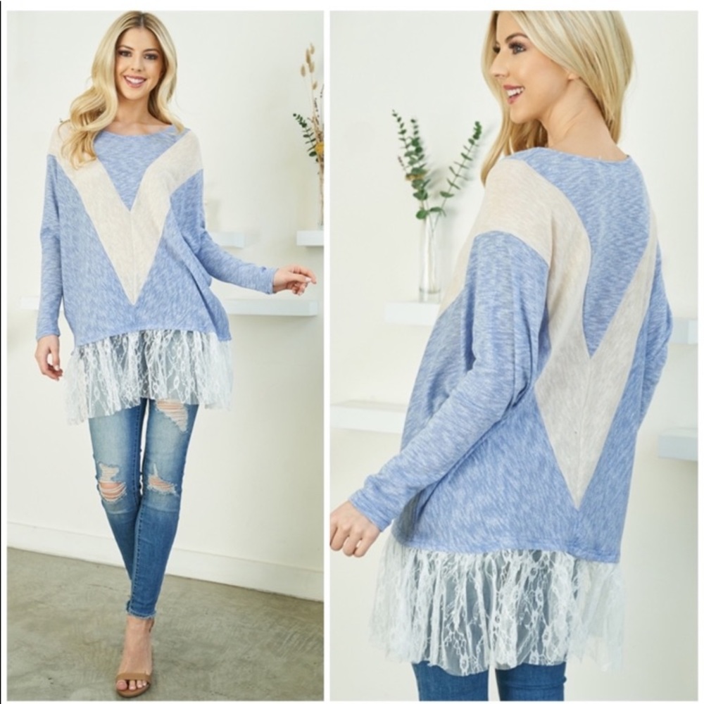 New Ryu A’reve Retro Blue V neck lightweight sweater with lave bottom